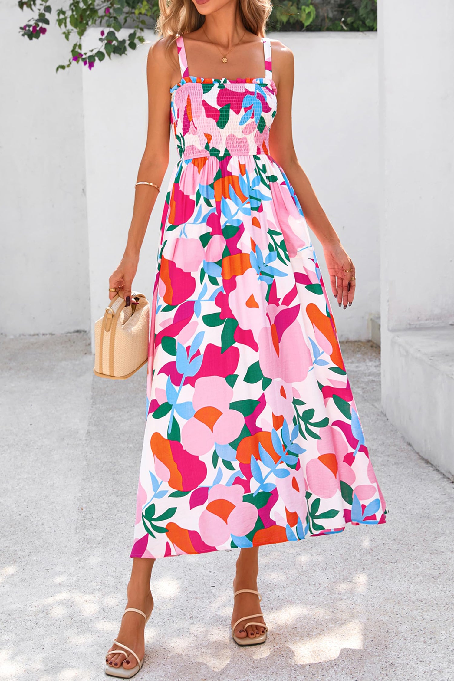 Retro Pink Floral Adjustable Straps Smocked High Waist Sundress Dear-Lover Dropshipping Dresses/Floral Dresses