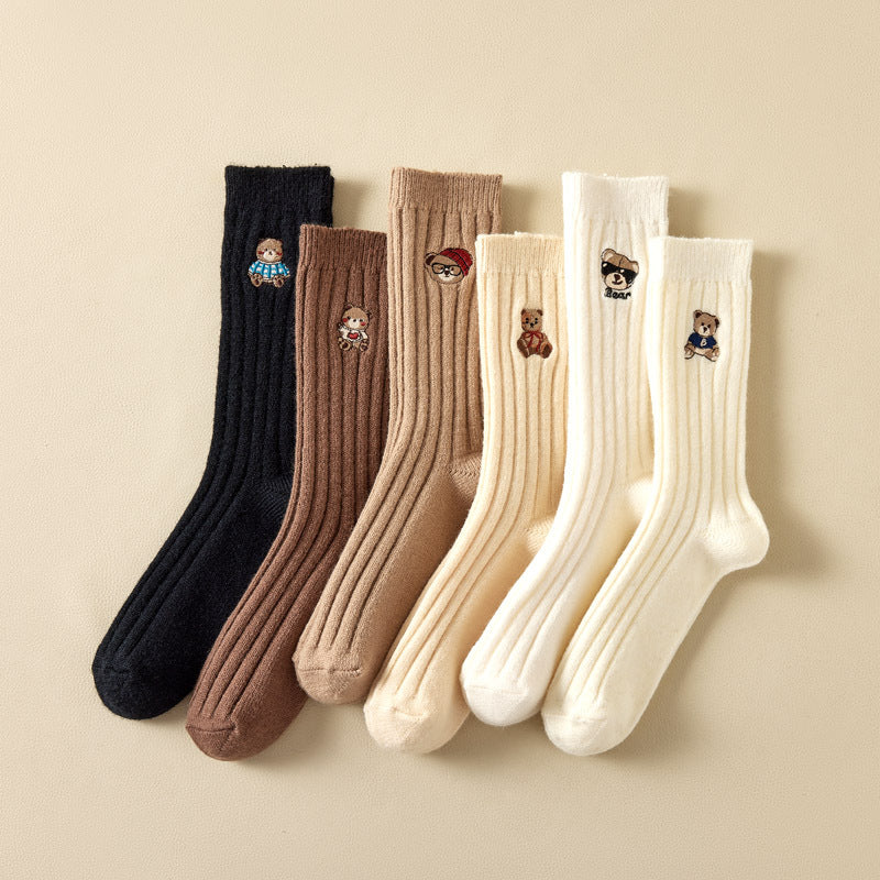 Women's Solid Color Embroidered Bear Socks