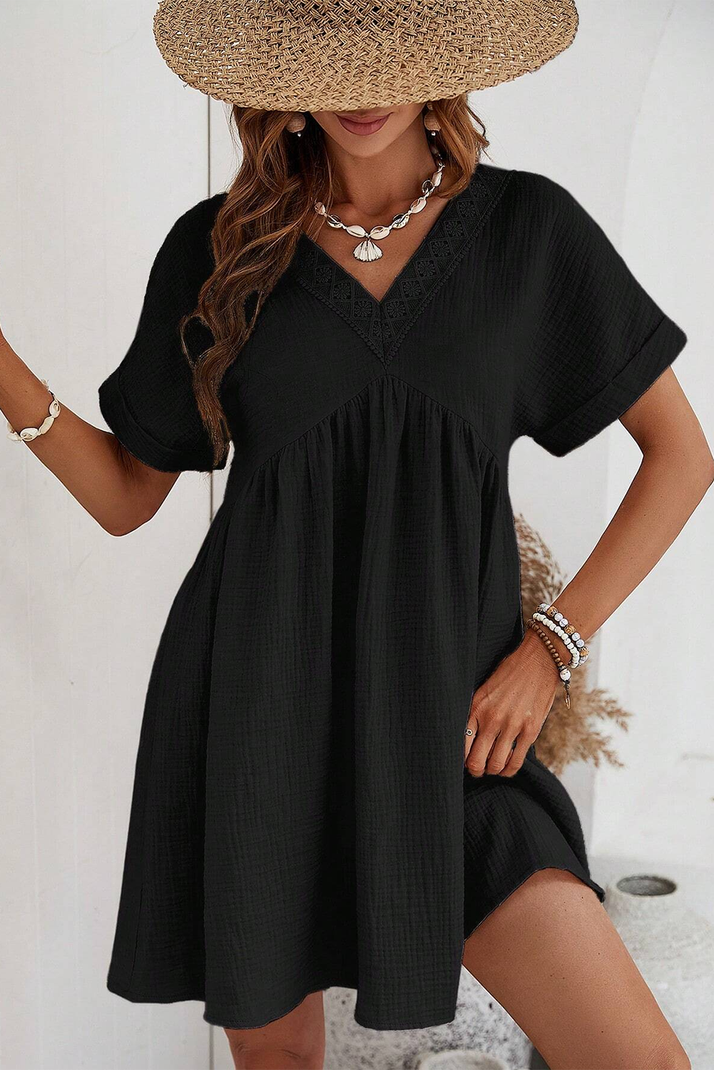 Black Short Sleeve V Neck Mini Dress