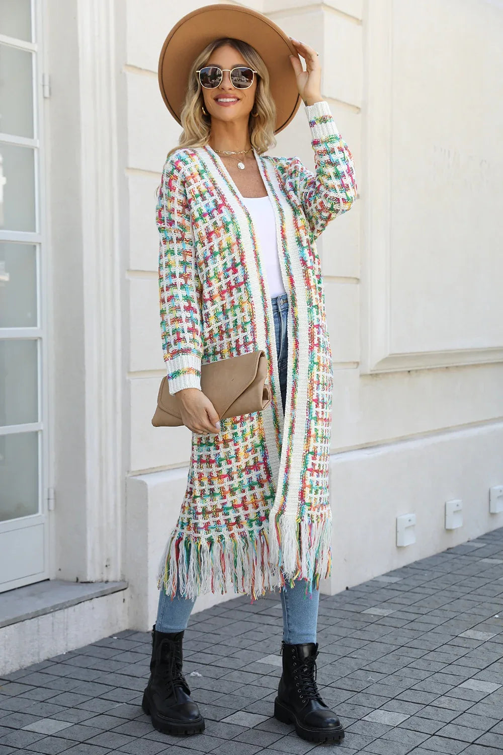 Multicolor Open Front Fringe Hem Duster Cardigan Bazarre Mart Multicolored Open Front Fringe Long Sweater