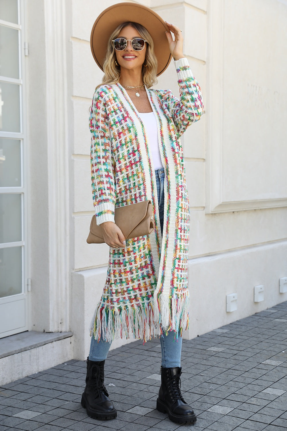 Multicolor Open Front Fringe Hem Duster Cardigan