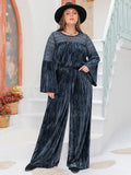 Slate Blue Velvet & Lace Flare Sleeve Pants Set Peacock Blue Bazaare Mart Plus Size Round Neck Flare Sleeve Outfit