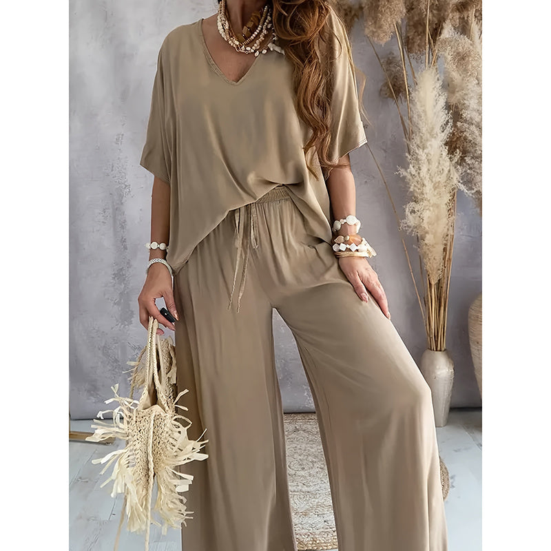 Solid Color V-Neck Half Sleeve Top And Wide Leg Pants Set