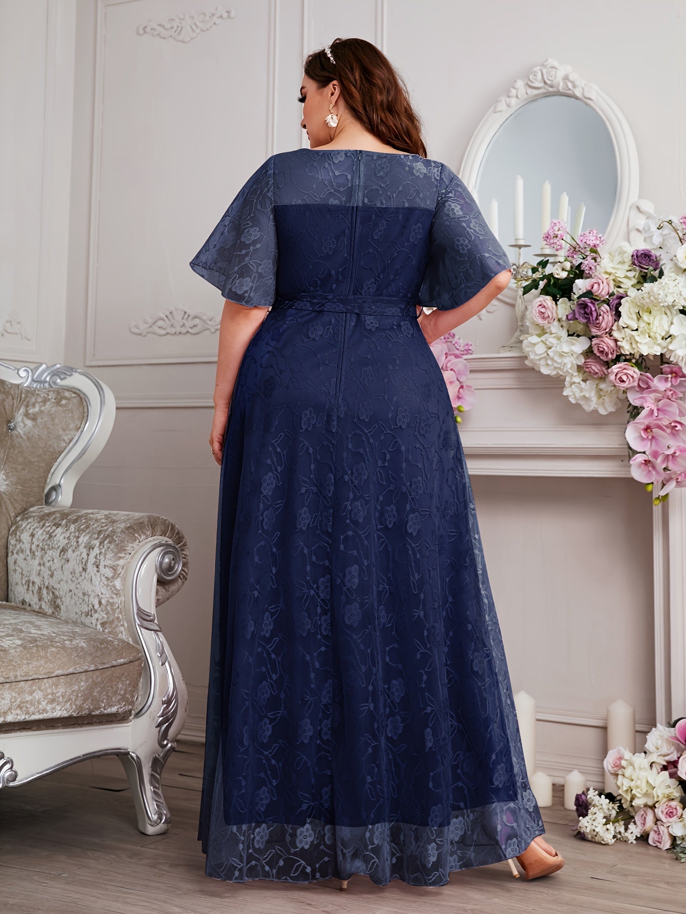 Elegant High Waist Lace Round Neck Half Flutter Sleeve Solid Color Formal Floor Length Dress