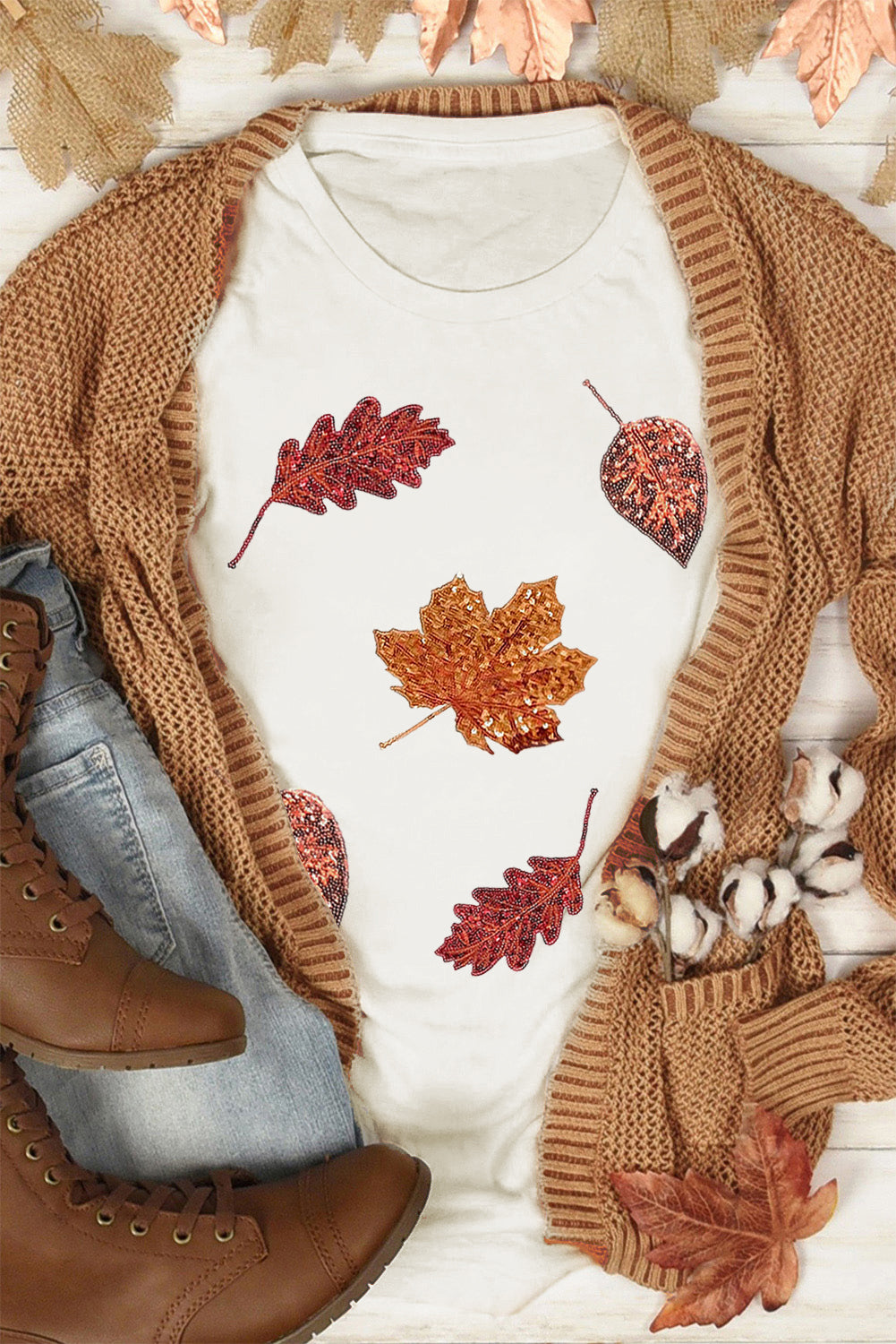 White Sequined Fall Leaves Graphic Crew Neck T Shirt