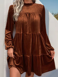 Perfee Tiered Ruched Mock Neck Long Sleeve Dress Caramel Trendsi Perfee Tiered Ruched Mock Neck Long Sleeve Mini
