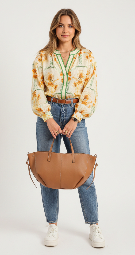 A woman stands against a light gray studio background wearing a cream floral long-sleeve blouse with green trim, blue jeans, white sneakers, and holding a large tan leather tote bag.