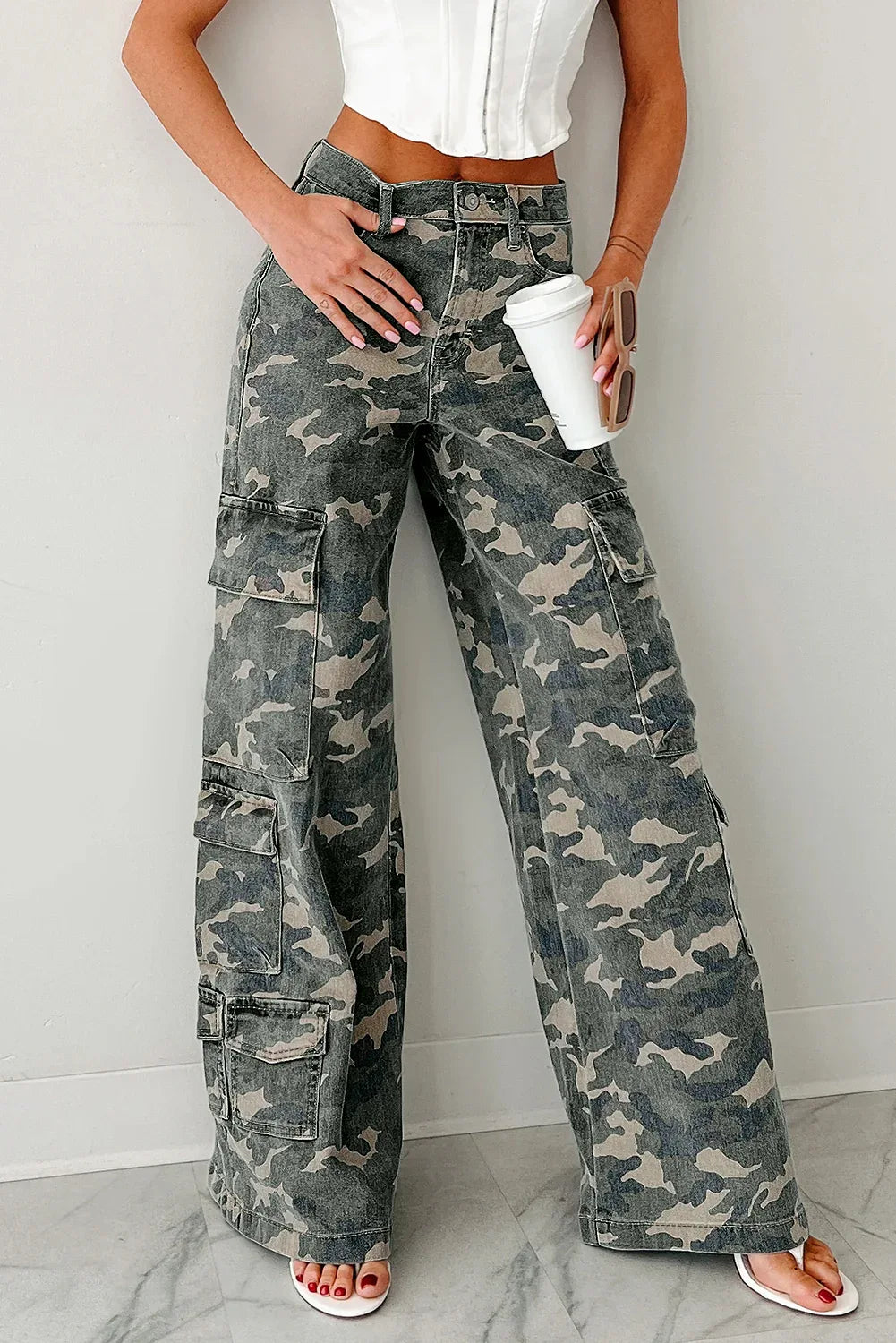 Green Camo Denim Cargo Wide Leg Pants Green2 65%Cotton+35%Polyester Bazaarre Mart Bottoms/Jeans