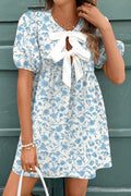 Floral Bow Front Puff Sleeve Mini Dress Sky Blue 100%Polyester Shewin Short Dresses