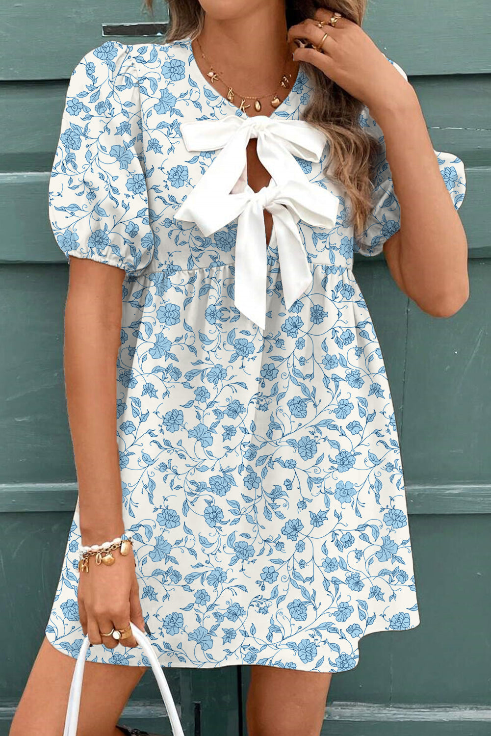 Floral Bow Front Puff Sleeve Mini Dress Sky Blue 100%Polyester Shewin Short Dresses
