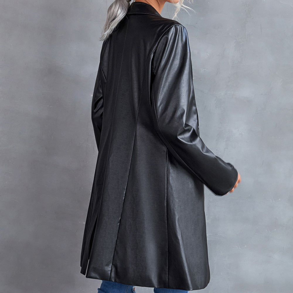 Black PU Leather One Button Coat