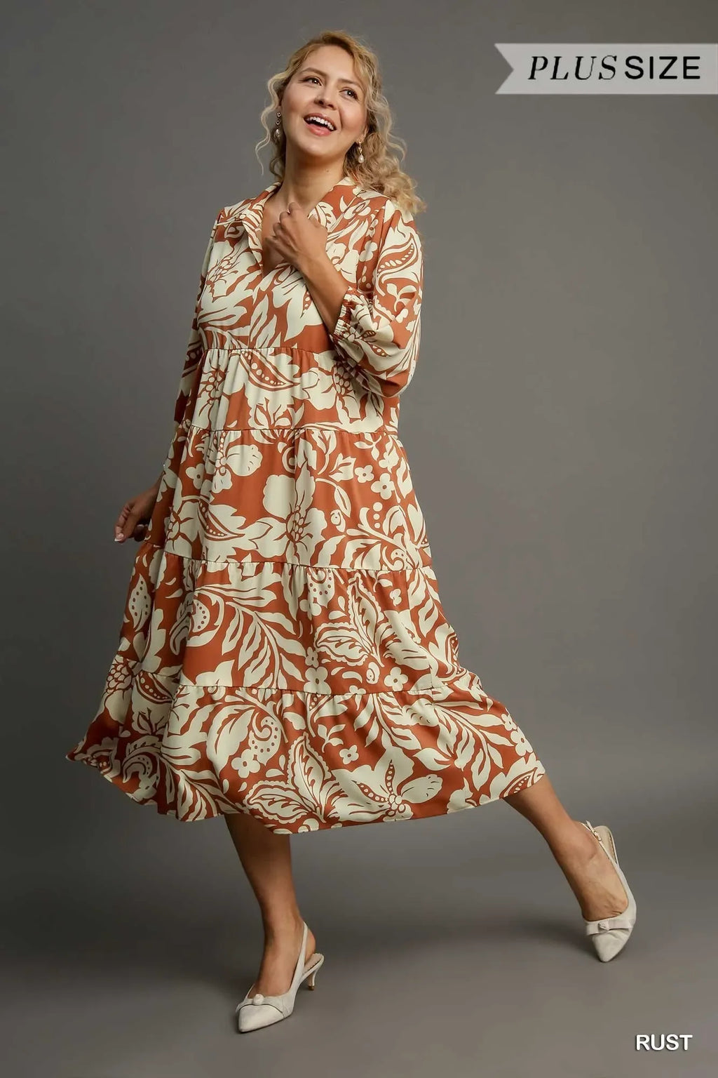 Umgee Rust Floral Tiered Midi Shirt Dress Trendsi Long Sleeve Floral Dress