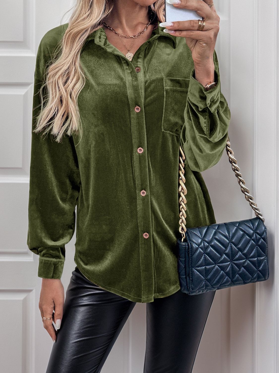 Moss Button Up Long Sleeve Velvet Shirt