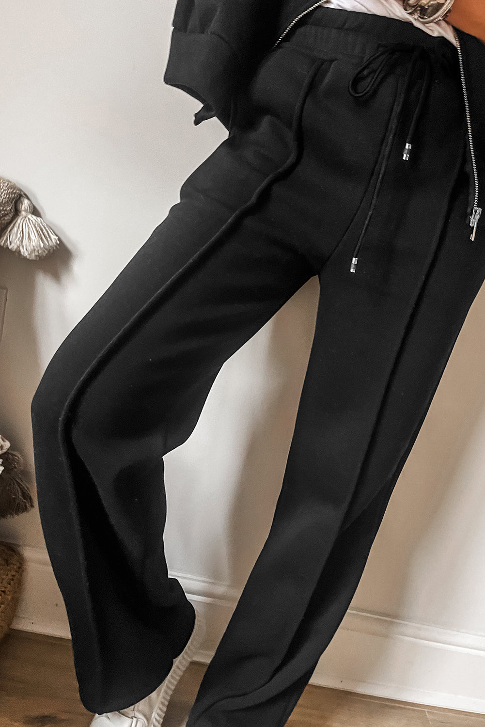 Black Zipper Jacket Drawstring Waist Pants Set