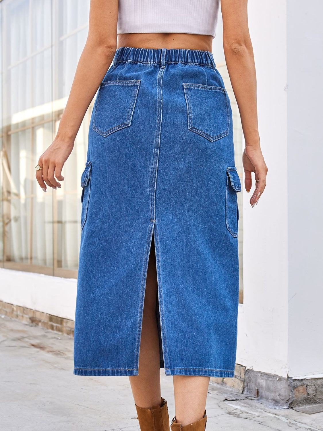 Back Slit Denim Midi Skirt with Pockets