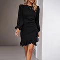 Solid Long Puff Sleeve Asymmetric Ruffle Hem Dress Black Bazaare Mart Long Sleeve Dinner Dress
