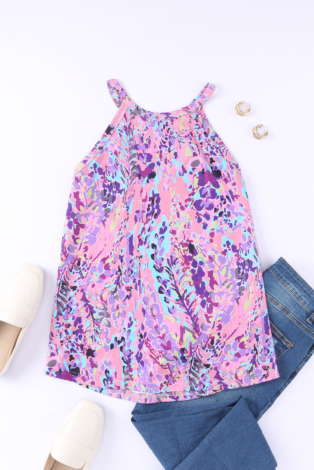Multicolor Floral Print Round Neck Plus Size Tank Top