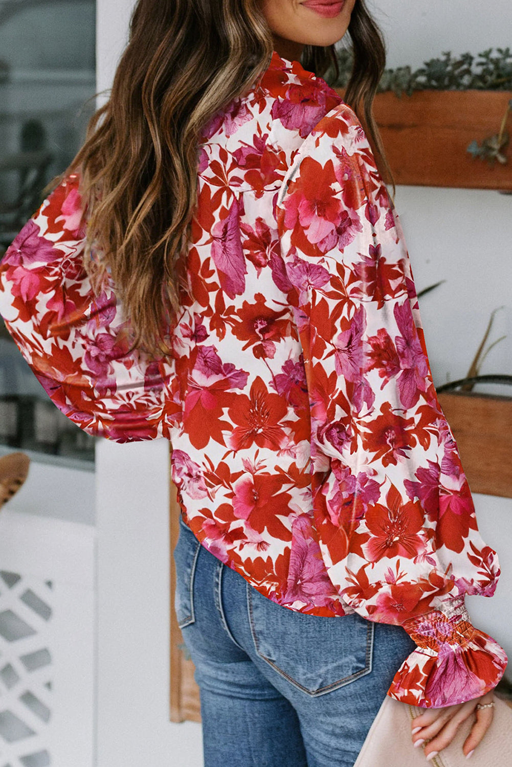 Floral V-Neck Blouse with Long Balloon Sleeves
