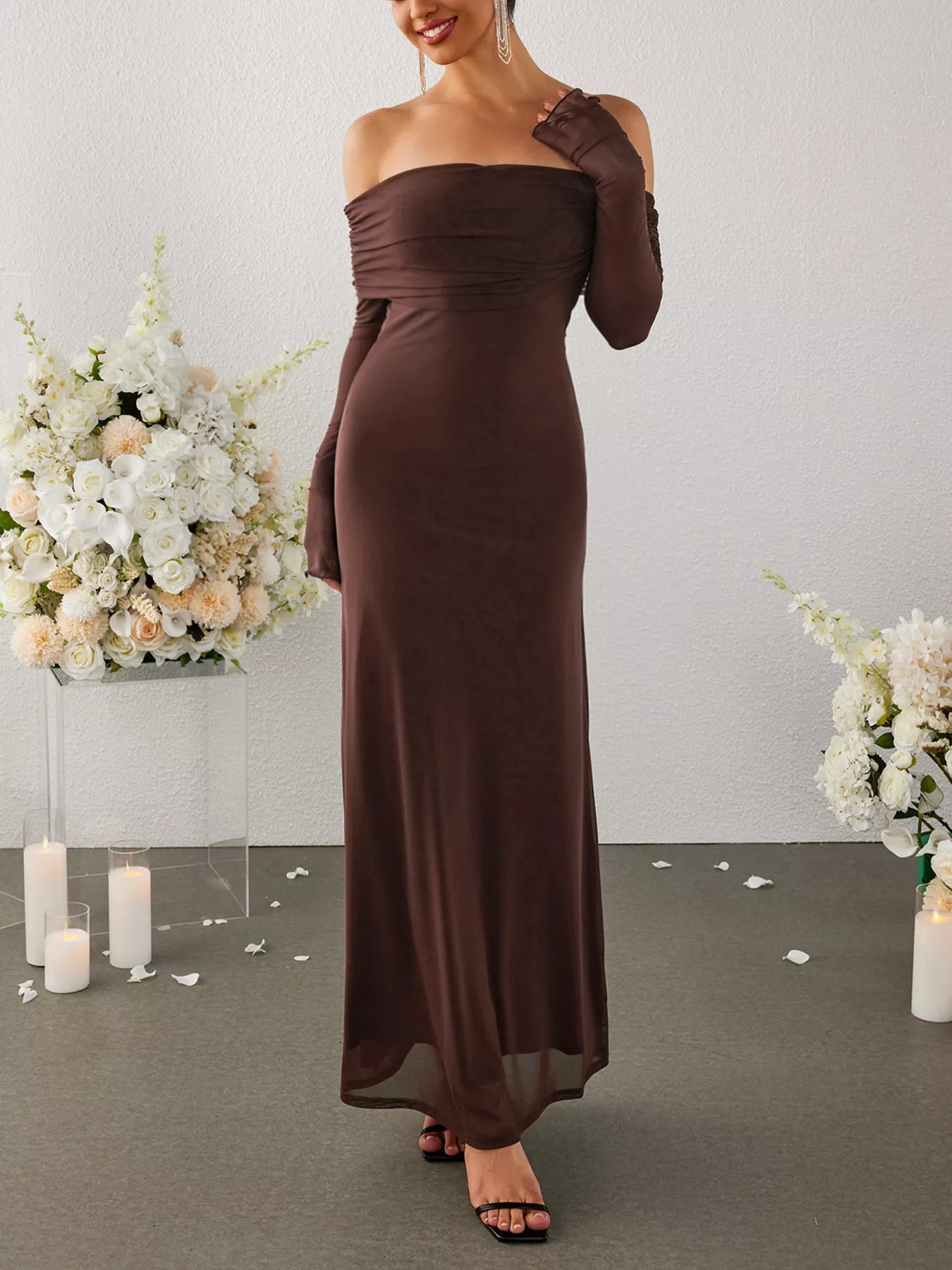 Off-Shoulder Ruched Long Sleeve Maxi Dress Trendsi Off-Shoulder Ruched Long Sleeve Maxi Dress