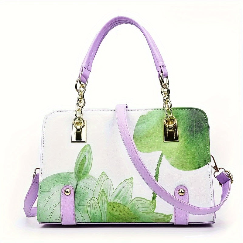 Green Floral Print Satchel Crossbody Handbag