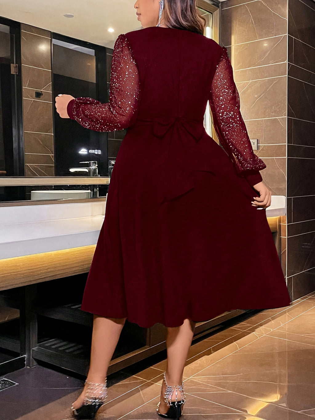 Burgundy Sparkling Sequin V-Neck Bell Sleeve Dress