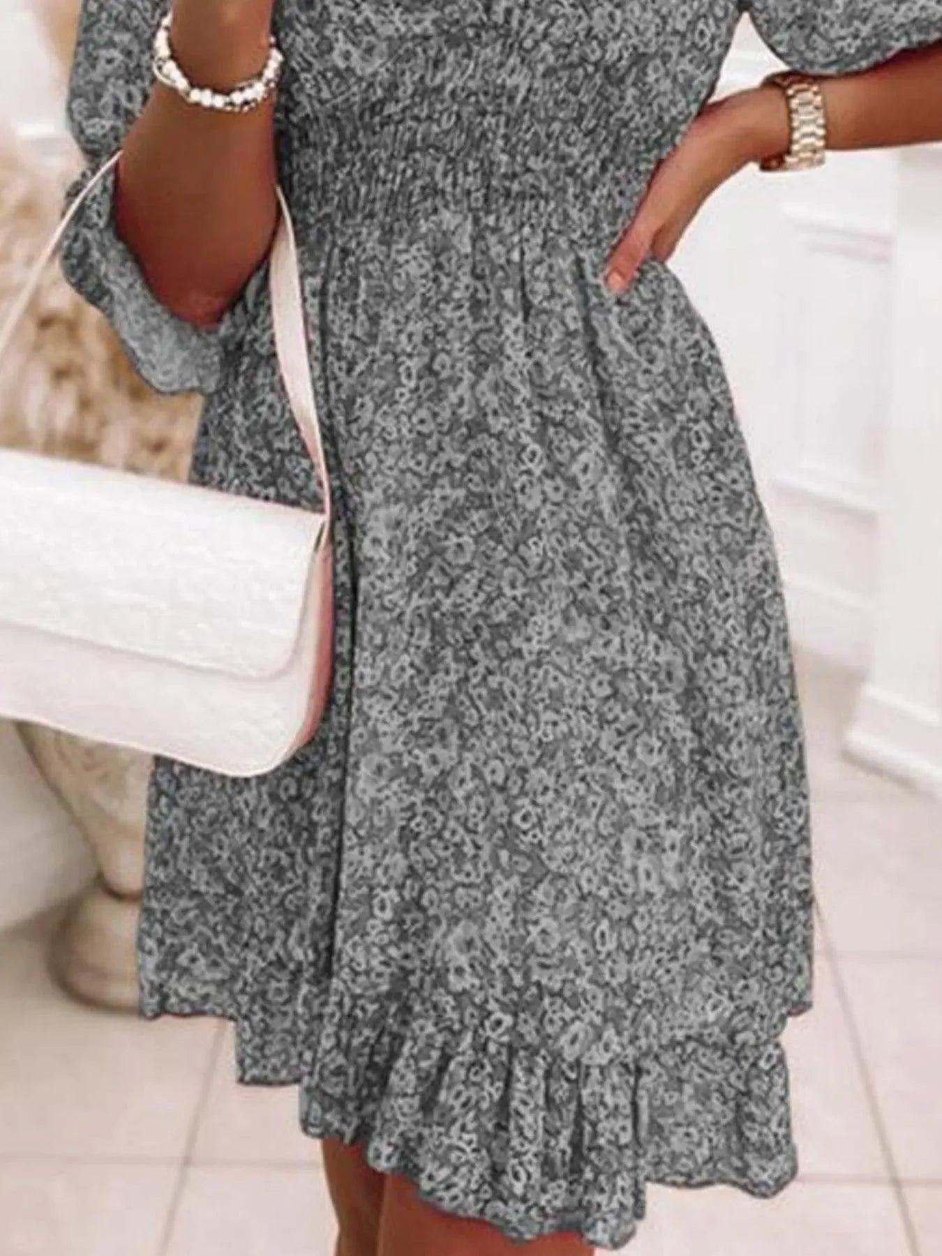 V-Neck Ruffled Hem 3/4 Sleeve Floral Dress Bazaare Mart Ruffled Hem Floral Dress Plus Size