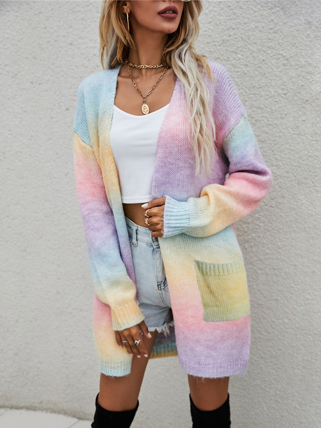 Angel Wings Gradient Striped Pocketed Open Front Cardigan