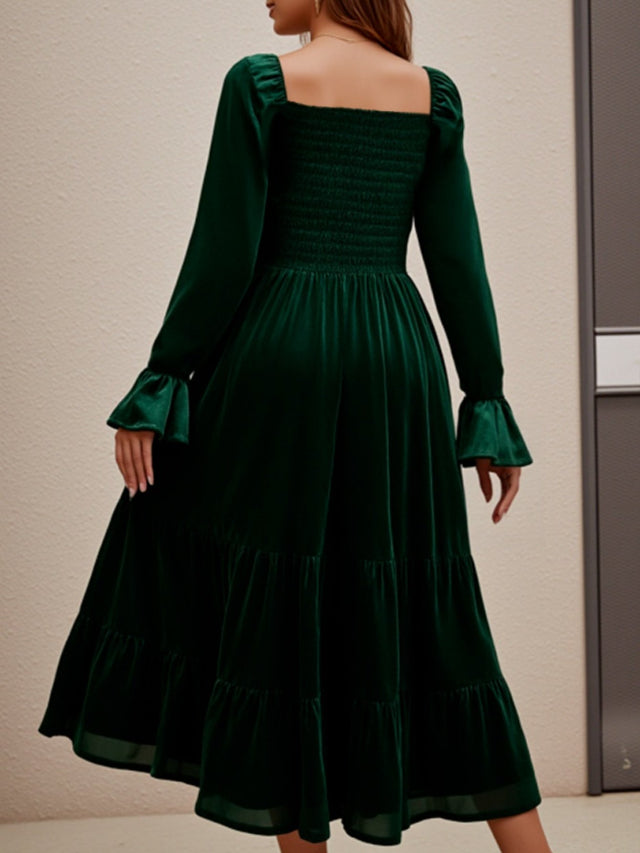 Green Velvet Square Neck Ruffled Long Sleeve Midi Dress