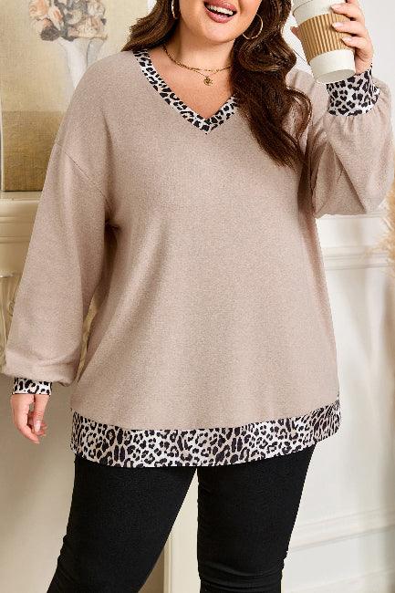 Parchment Leopard Hem V Neck Long Sleeve Top bazaare mart Plus Size/Plus Size Tops/Plus Size Long Sleeve Tops