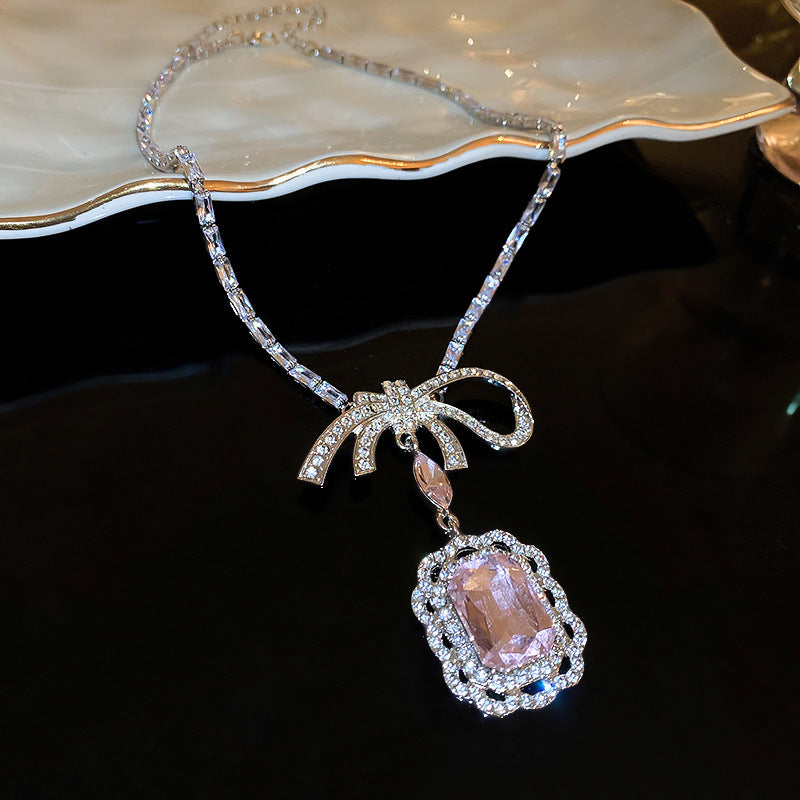 Pink Crystal Emerald Cut Pendant Bow Necklace