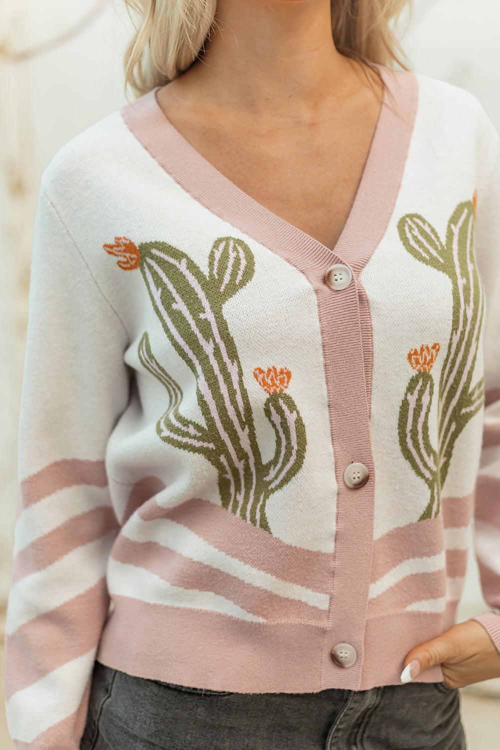 Apricot Desert Cactus Buttoned Front Sweater Cardigan