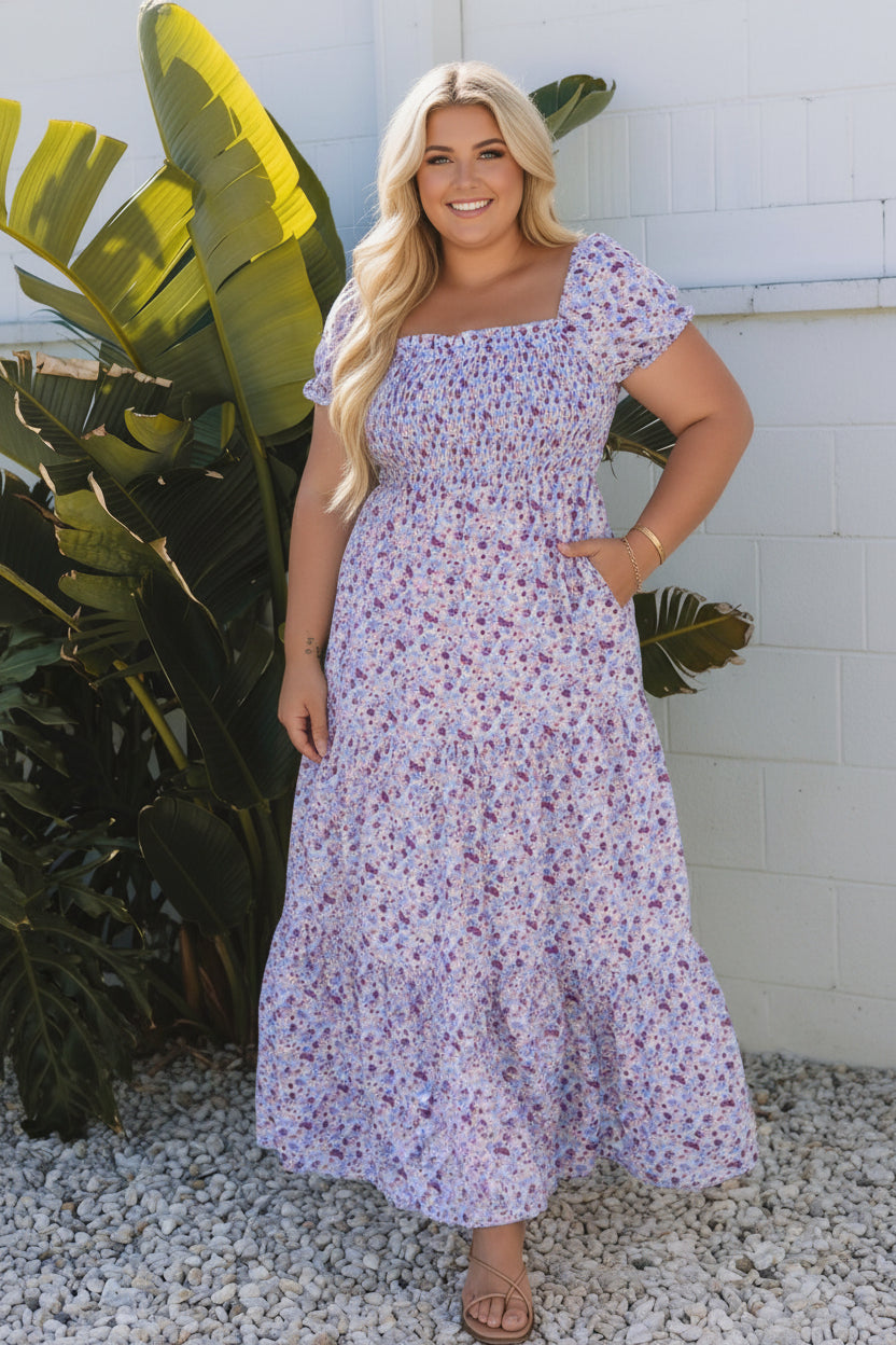 Plus Size Purple Floral Smocked Maxi Dress – Square Neck Puff Sleeve Dress Purple 100%Polyester Dear-Lover Dropshipping Plus Size/Plus Size Dresses/Plus Size Maxi Dresses