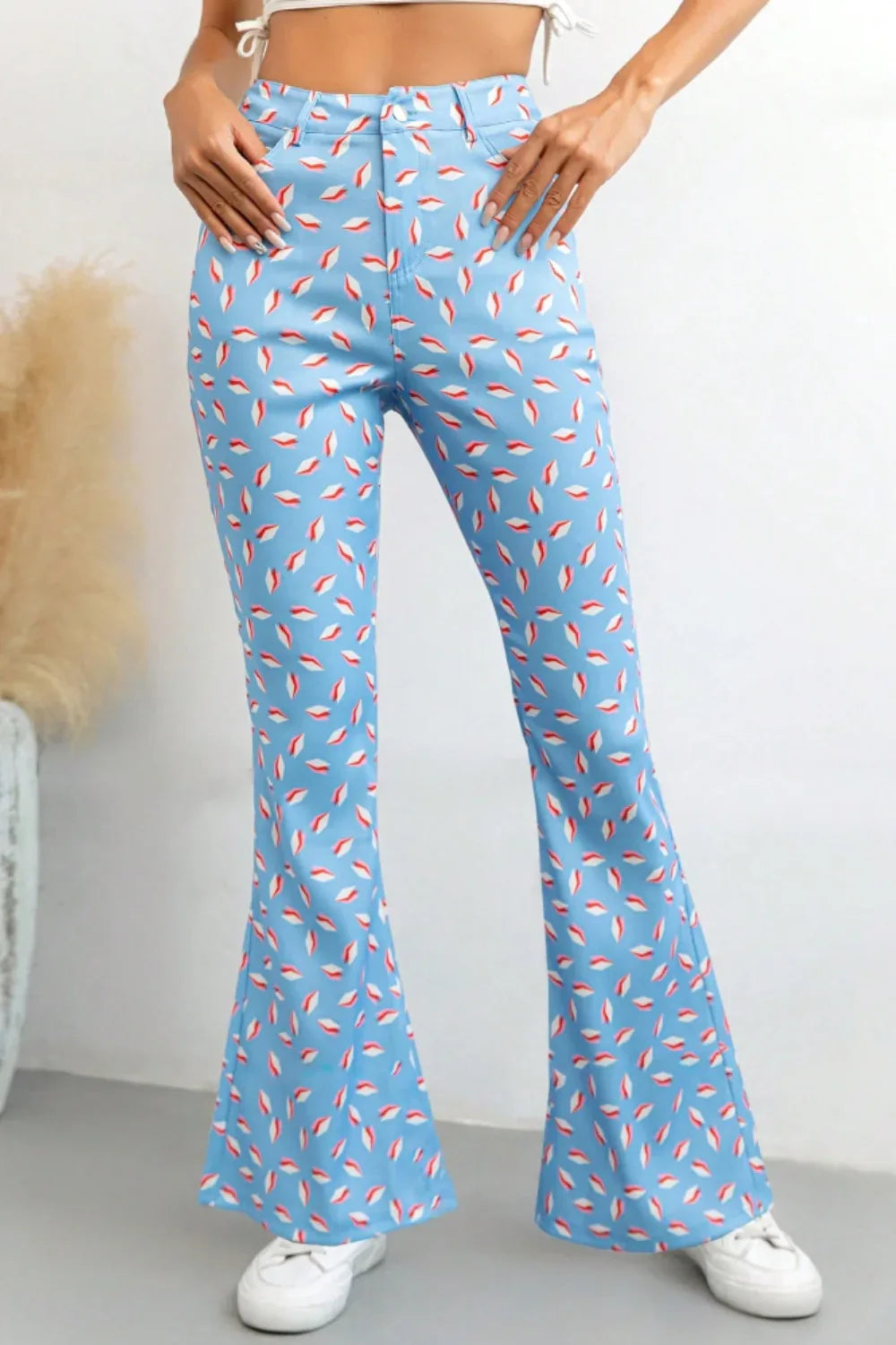 Printed High Waist Flare Pants with Pockets Light Blue Trendsi Printed High Waist Flare Pants with Pockets