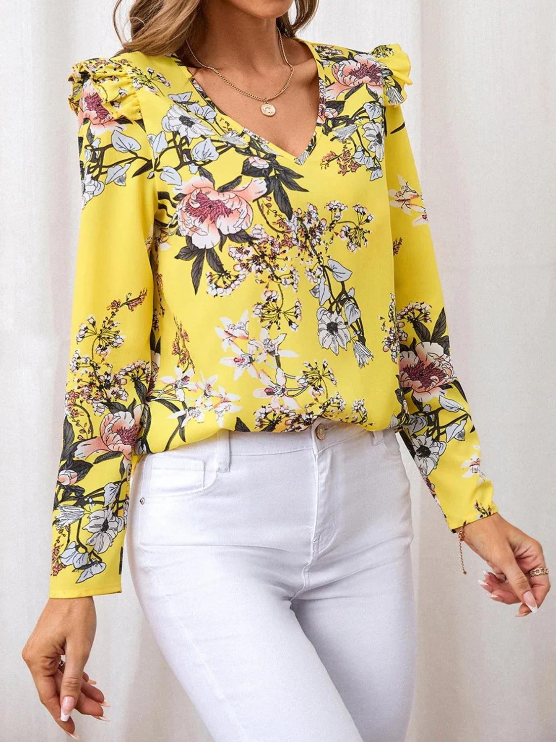 Ruffled Printed V-Neck Long Sleeve Blouse Bazaare Mart Ruffled Printed V-Neck Long Sleeve Blous