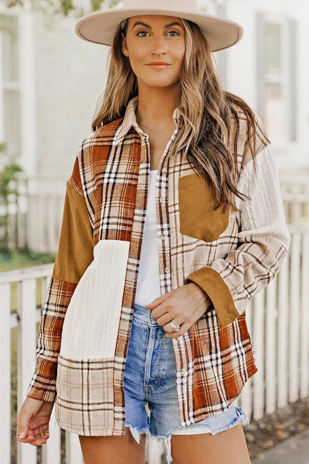 Orange Plaid Color Block Patchwork Shacket with Pocket Bazaare Mart Outerwear/Plaid Shackets