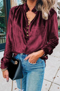 Burgundy Frilled Neck Buttoned Front Velvet Top Biking Red 95%Polyester+5%Elastane Bazaare Mart Tops/Blouses & Shirts