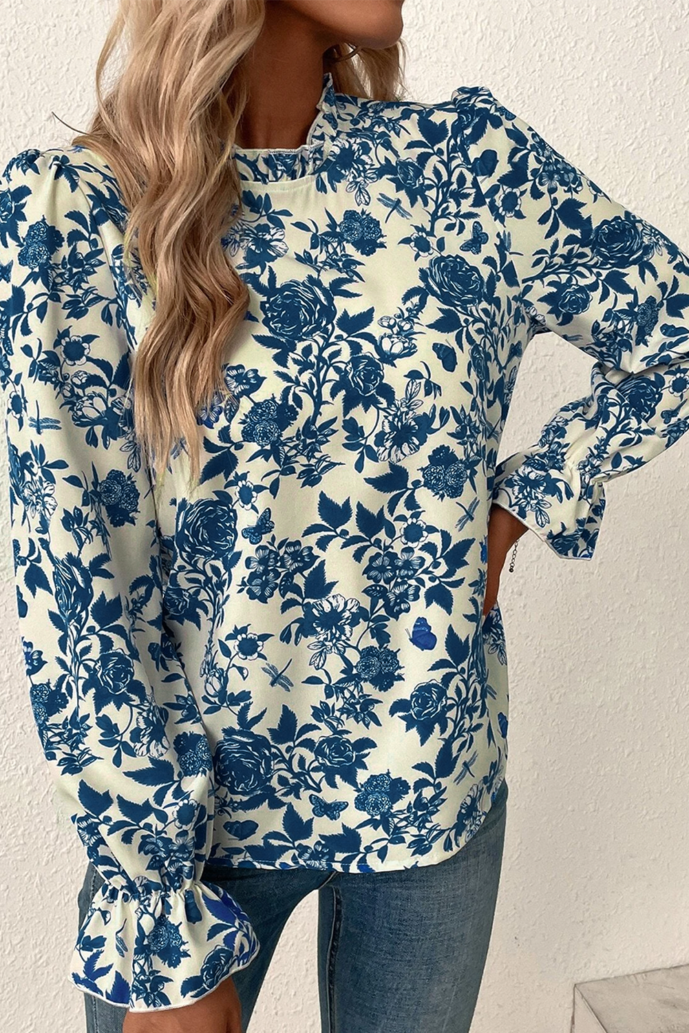 Retro Blue Floral Long Puff Sleeve Keyhole Back Blouse