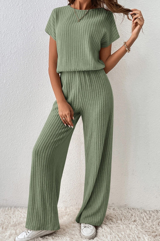 Green Ribbed Short Sleeve Wide Leg Jumpsuit