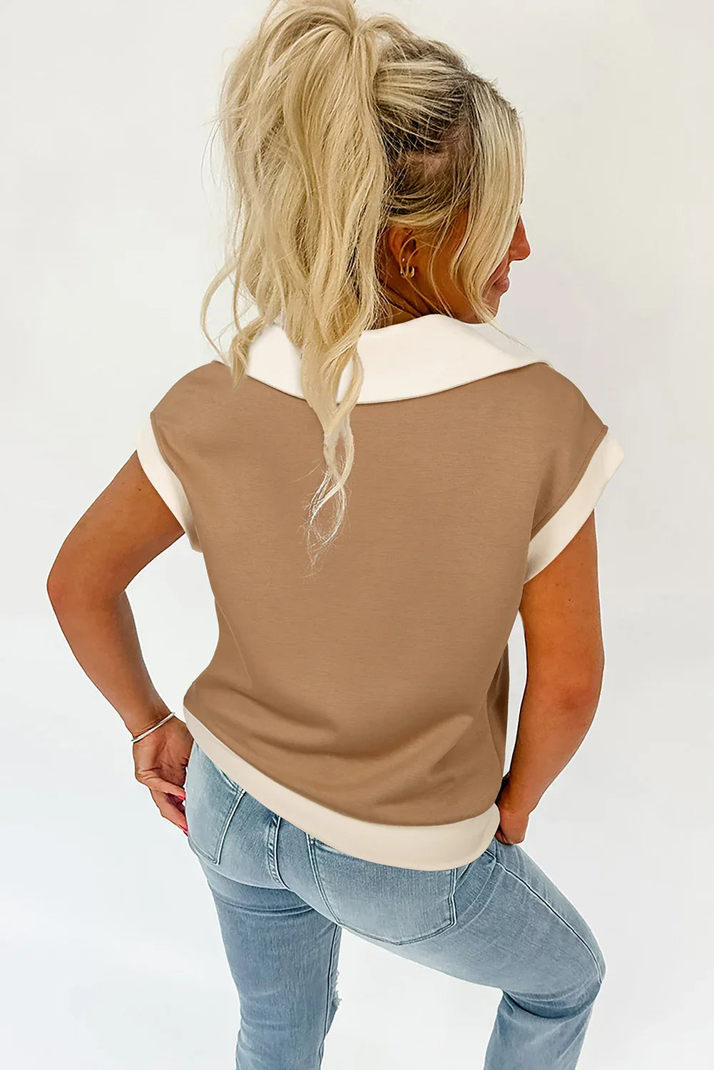 Simply Taupe Half Zipper Collared Colorblock Short Sleeve Top Bazaare Mart Tops/Tops & Tees