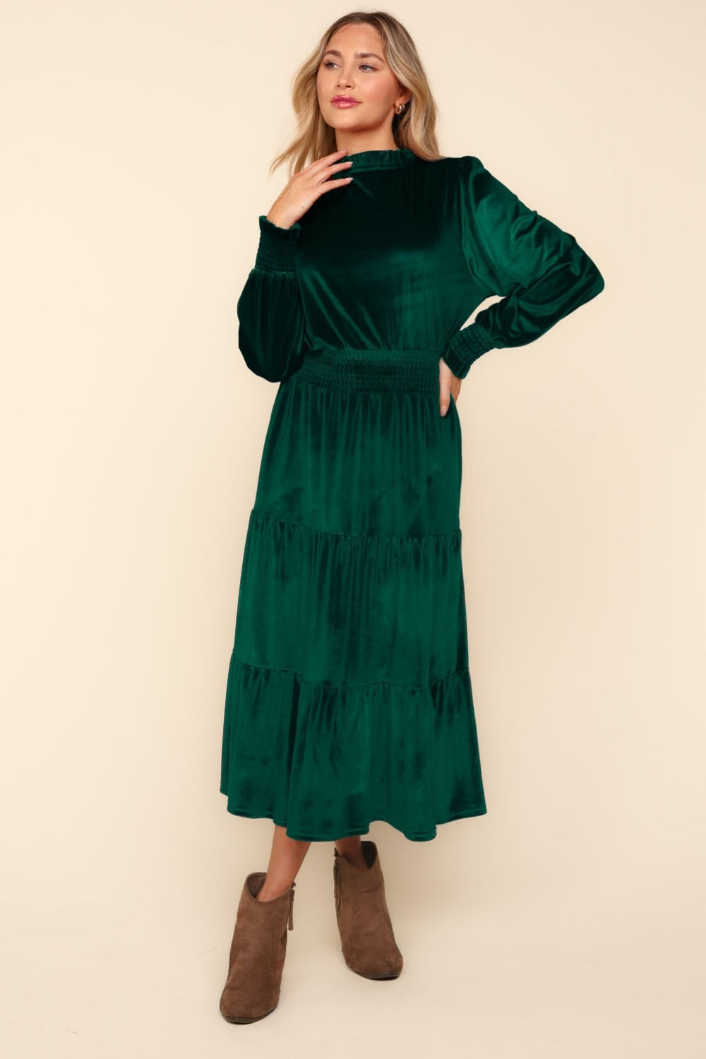 Mock Neck Smocked Waist Green Velvet Tiered Dress