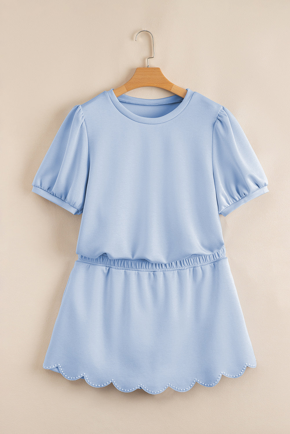 Light Blue Puff Sleeve Scallop Trim Skort Set