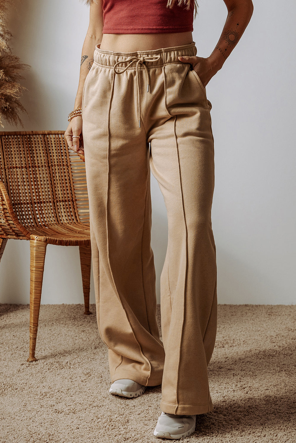 Khaki Exposed Seam Drawstring High Waist Wide Leg Pants