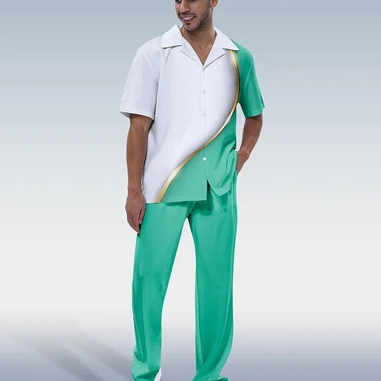 Men's 2 pc. Matching Button Up Green Short Sleeve Shirt and Slacks Outfit