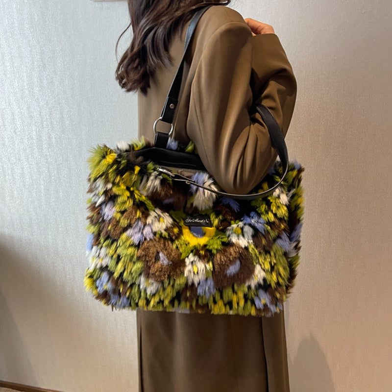 Large Furry Floral Shoulder Bag