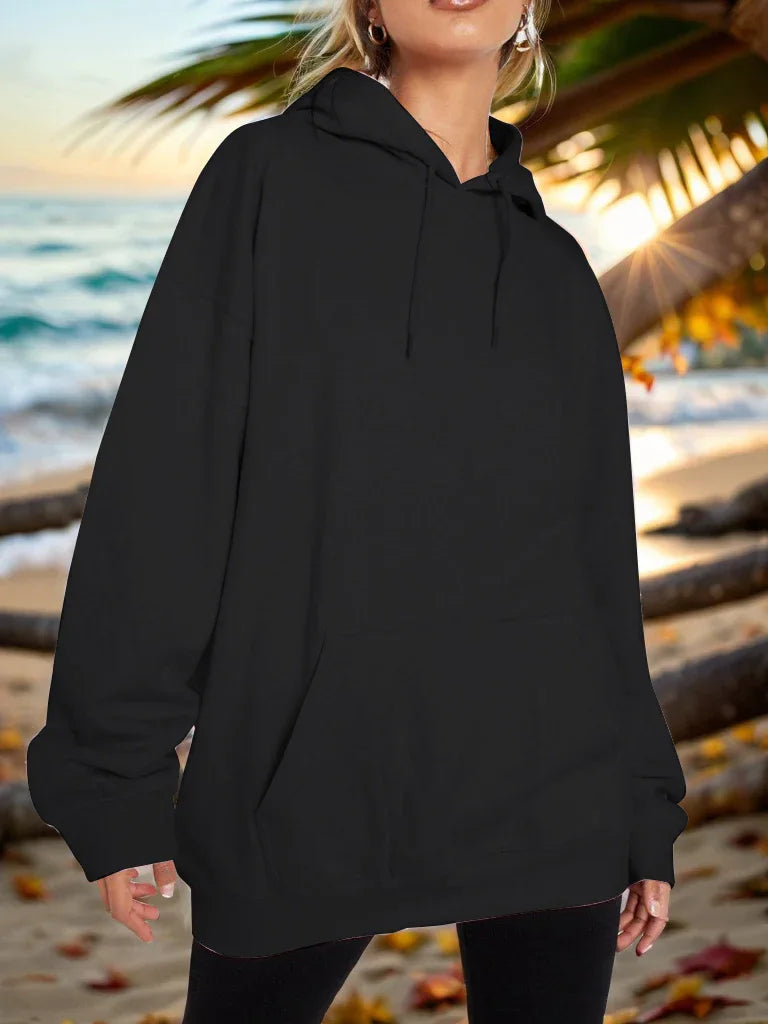 Plain Dropped Shoulder Hoodie Black Trendsi Drawstring Dropped Shoulder Hoodie