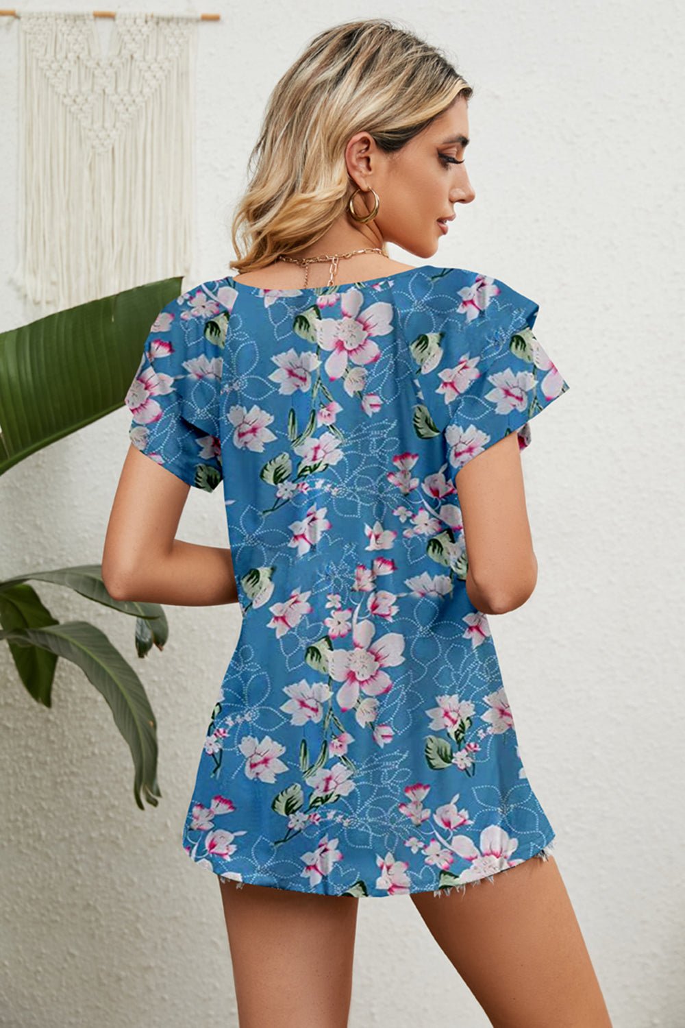 Floral V-Neck Short Sleeve Blouse