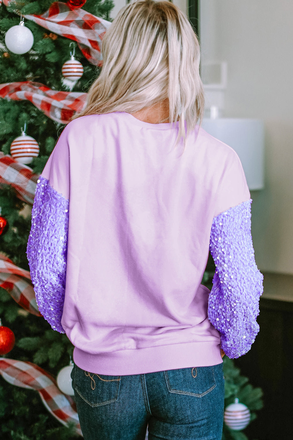 Orchid Sequin Patchwork Long Sleeve Fleur de Lis Patched Pattern Top