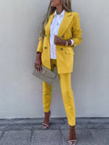 Double Breasted Lapel Collar Pants Suit Chartreuse Trendsi Lapel Collar Long Sleeve Blazer and Pant Set
