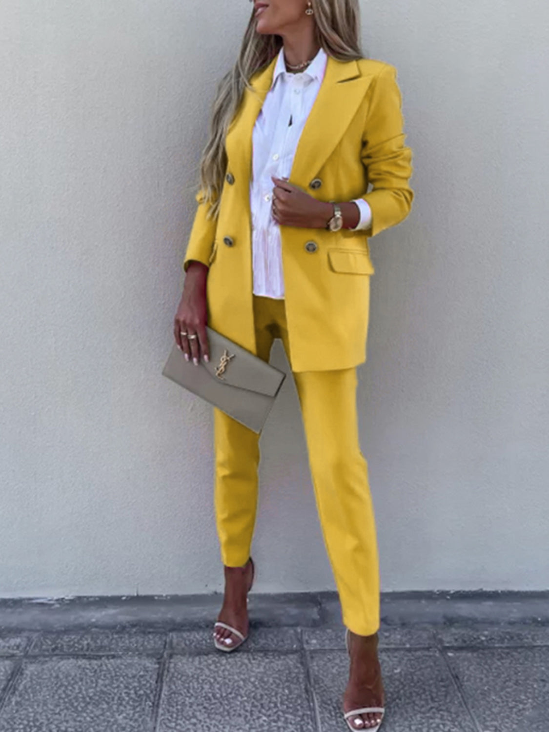 Yellow Double Breasted Lapel Collar Pants Suit