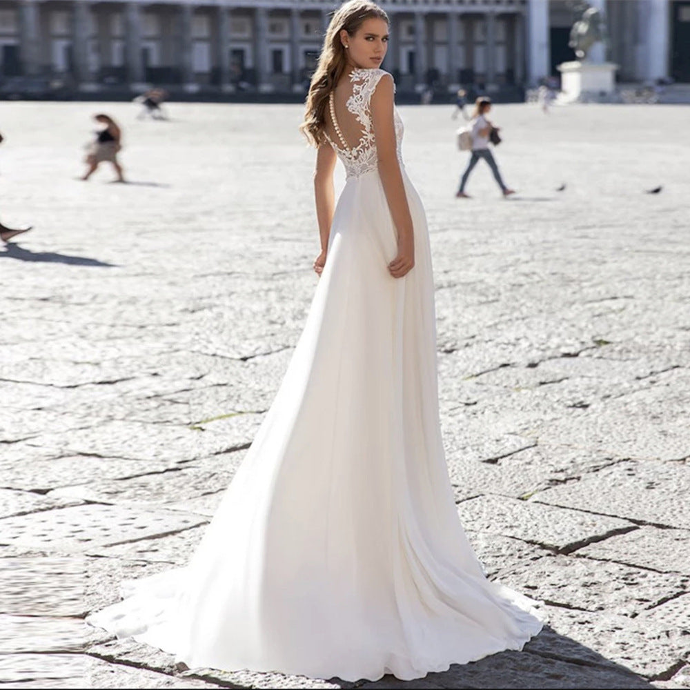 Flowy Full Length V-Neck Chiffon Wedding Gown